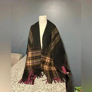 Rachel Roy, Fleece,Black,Burgundy,Ivory and Beige Plaid Stripe Poncho, One Size